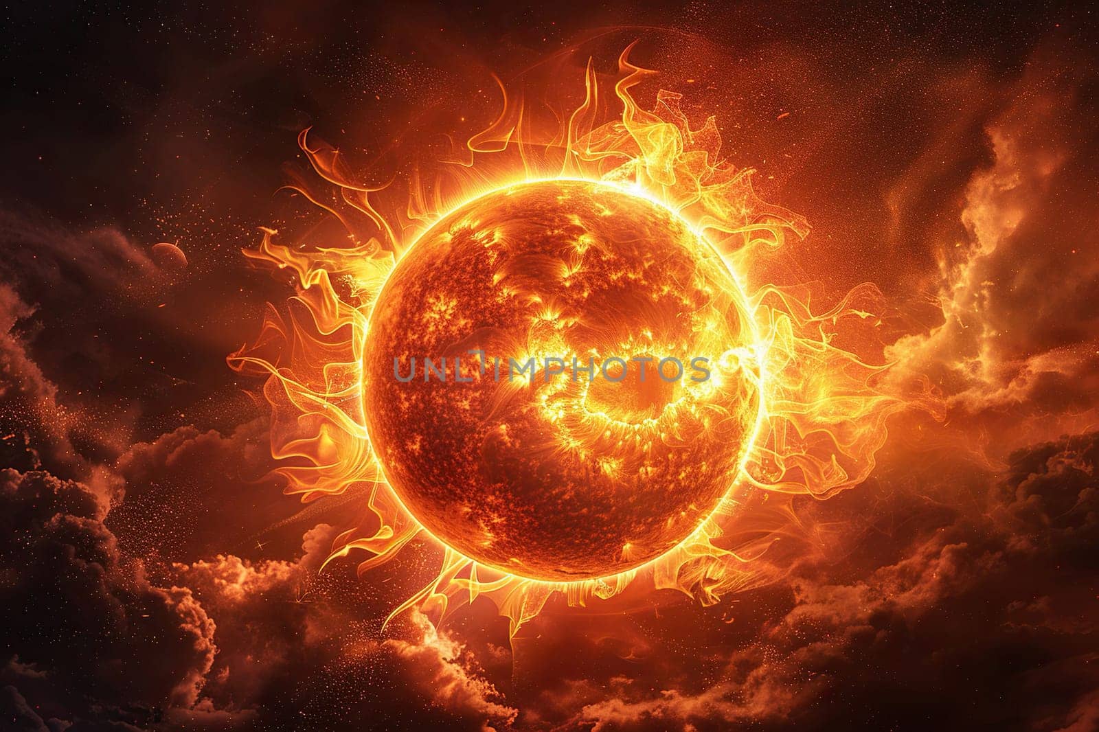 Abstract image of the sun in space with bright rays and flares on it. Solar energy concept.