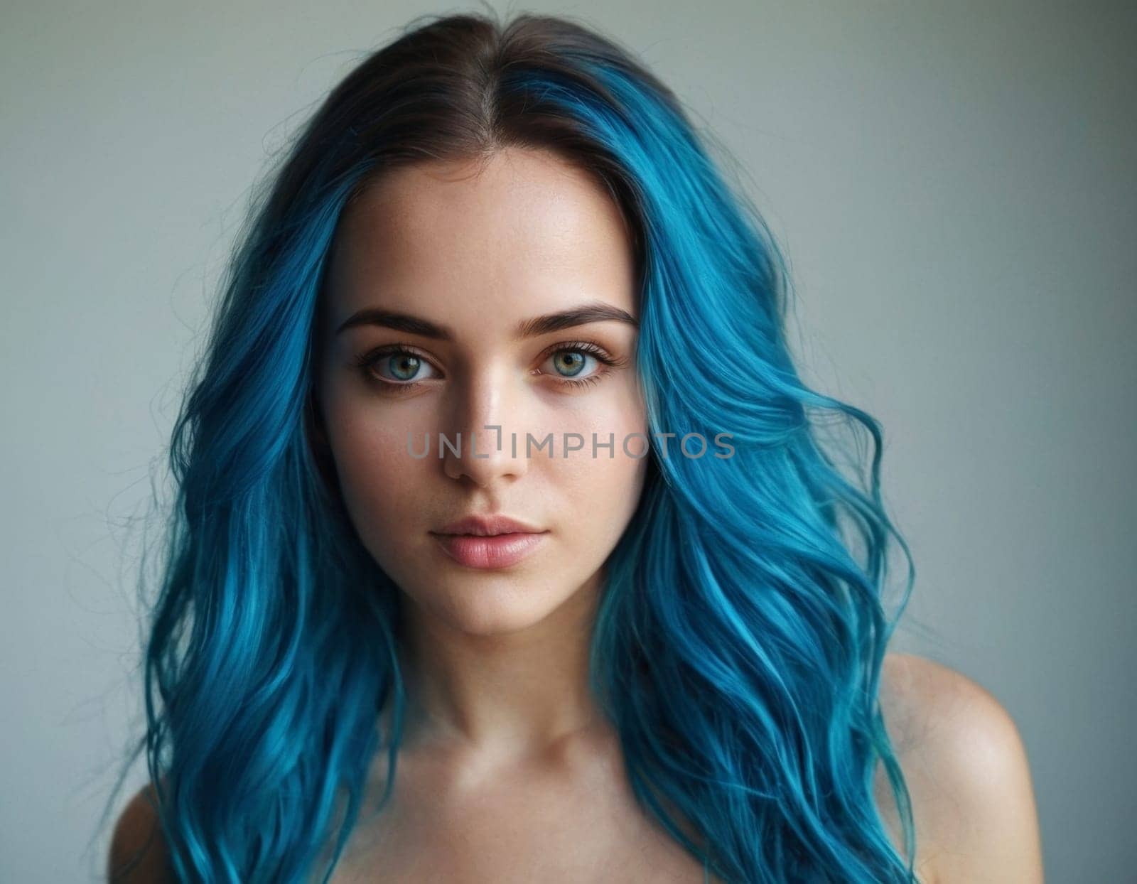 Portrait of a young woman with bright blue hair. AI generation