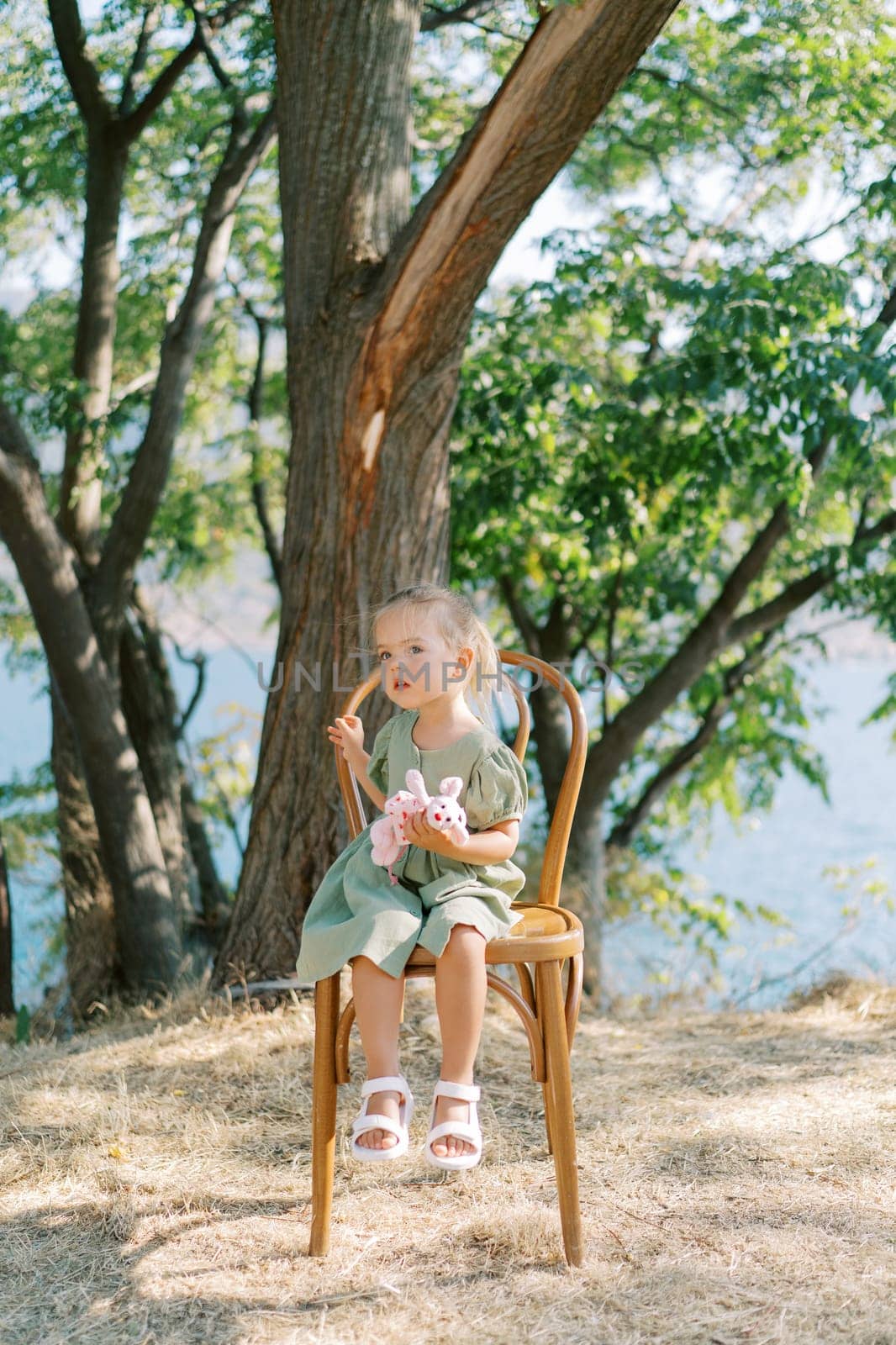 Little girl with a soft toy in her hand sits on a chair in the shade of a tree on the seashore and looks into the distance. High quality photo