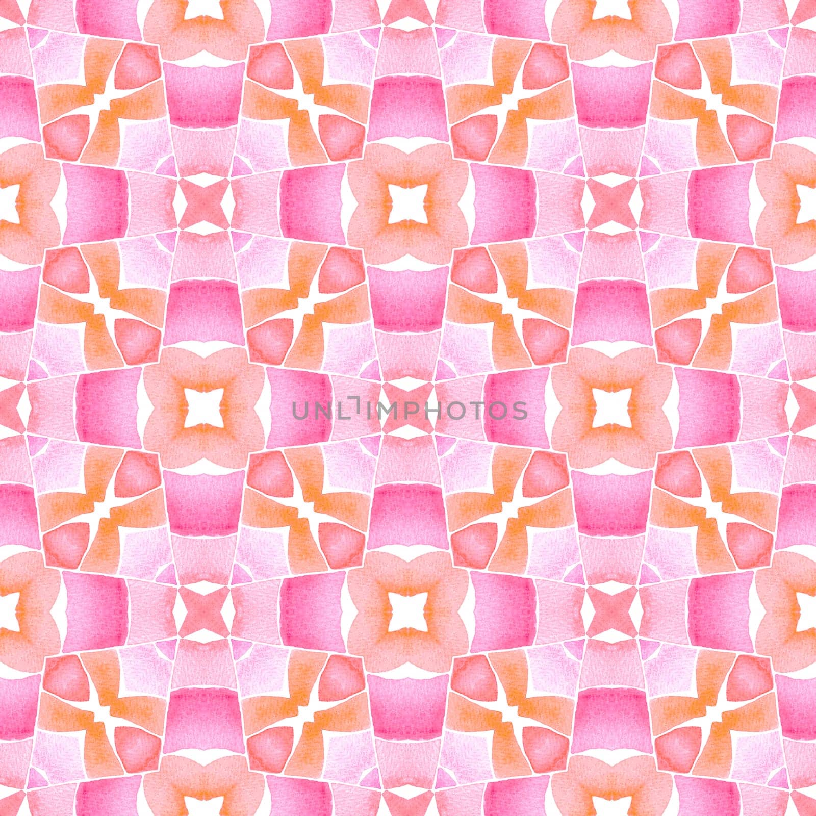Hand painted tiled watercolor border. Orange amusing boho chic summer design. Tiled watercolor background. Textile ready unique print, swimwear fabric, wallpaper, wrapping.