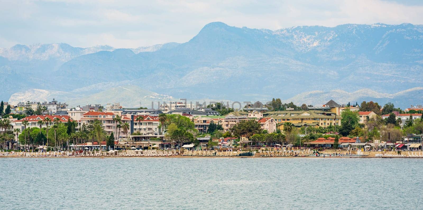 Front view of the touristic beach of Side town, Manavgat district of Antalya