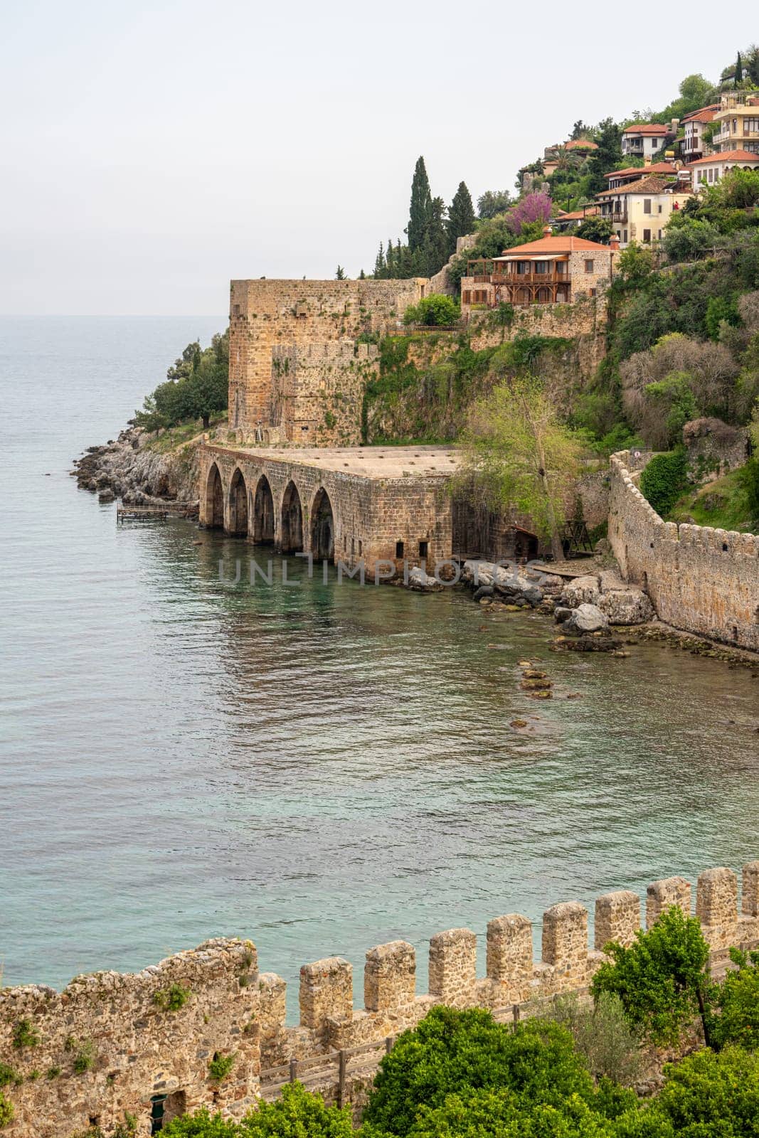 Historical Alanya Shipyard and Kizil Kule walls located in Alanya district of Antalya