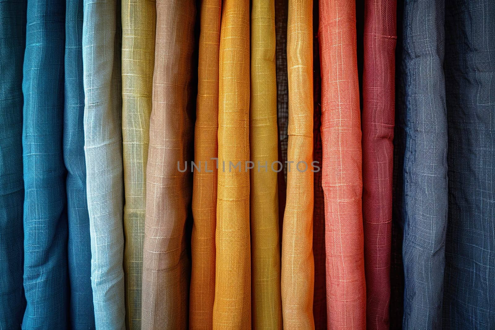 A row of curtains of different colors close-up.