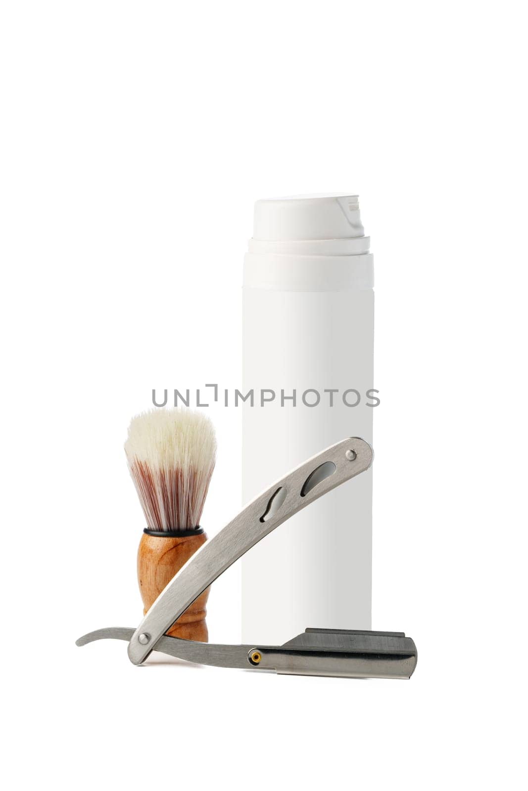 Vintage shaving razor and tools isolated on white by Fabrikasimf