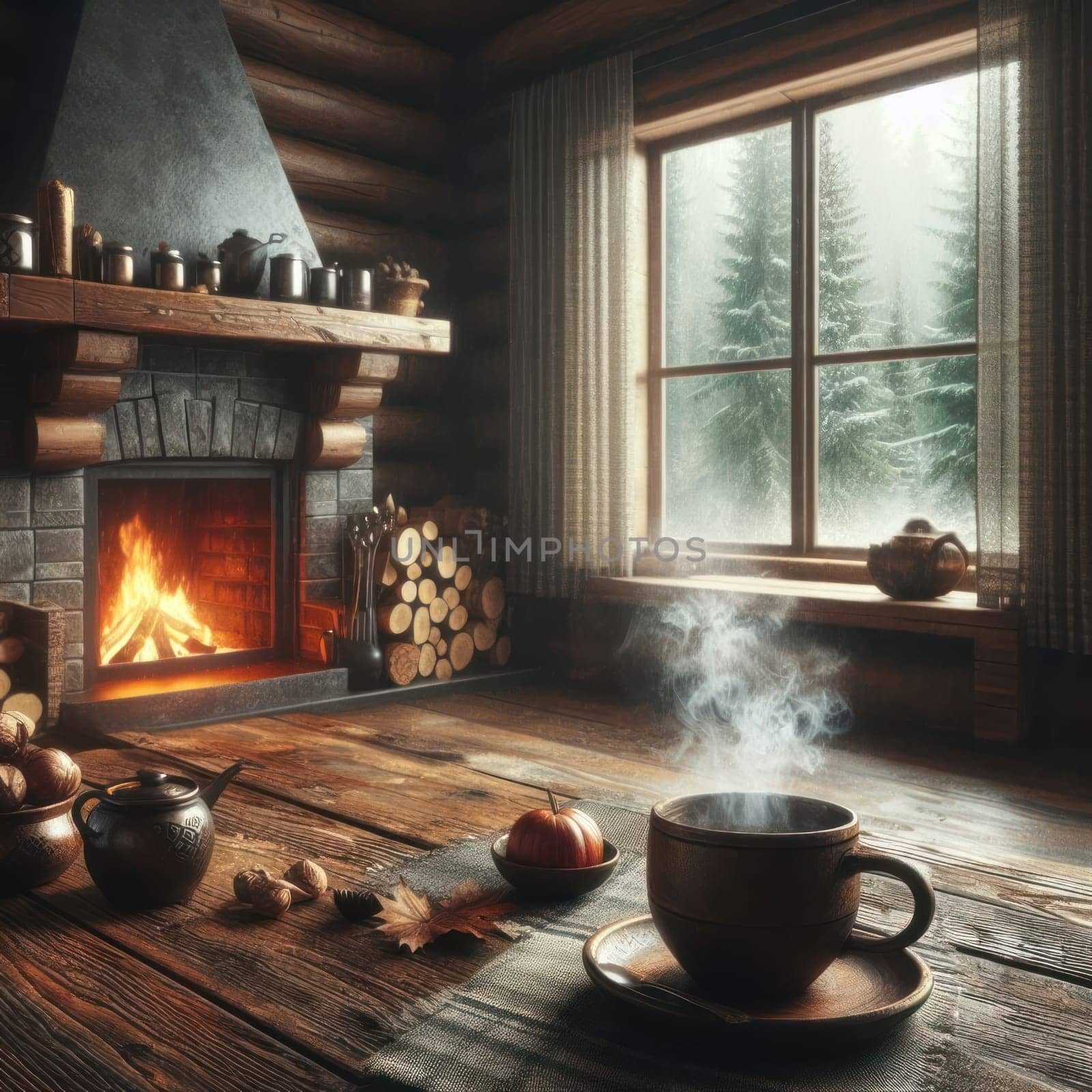 Wood is burning in the cottage fireplace. Snowfall in the winter forest outside the window. A cup stands on a wooden table. Steam rises from a hot drink. AI generated