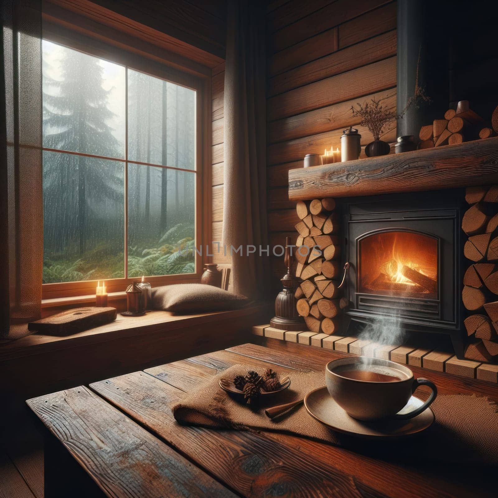 Wood is burning in a fireplace in a wooden cottage. Outside the window it is raining in a wild forest. A cup stands on a wooden table. Steam rises from a hot drink. AI generated