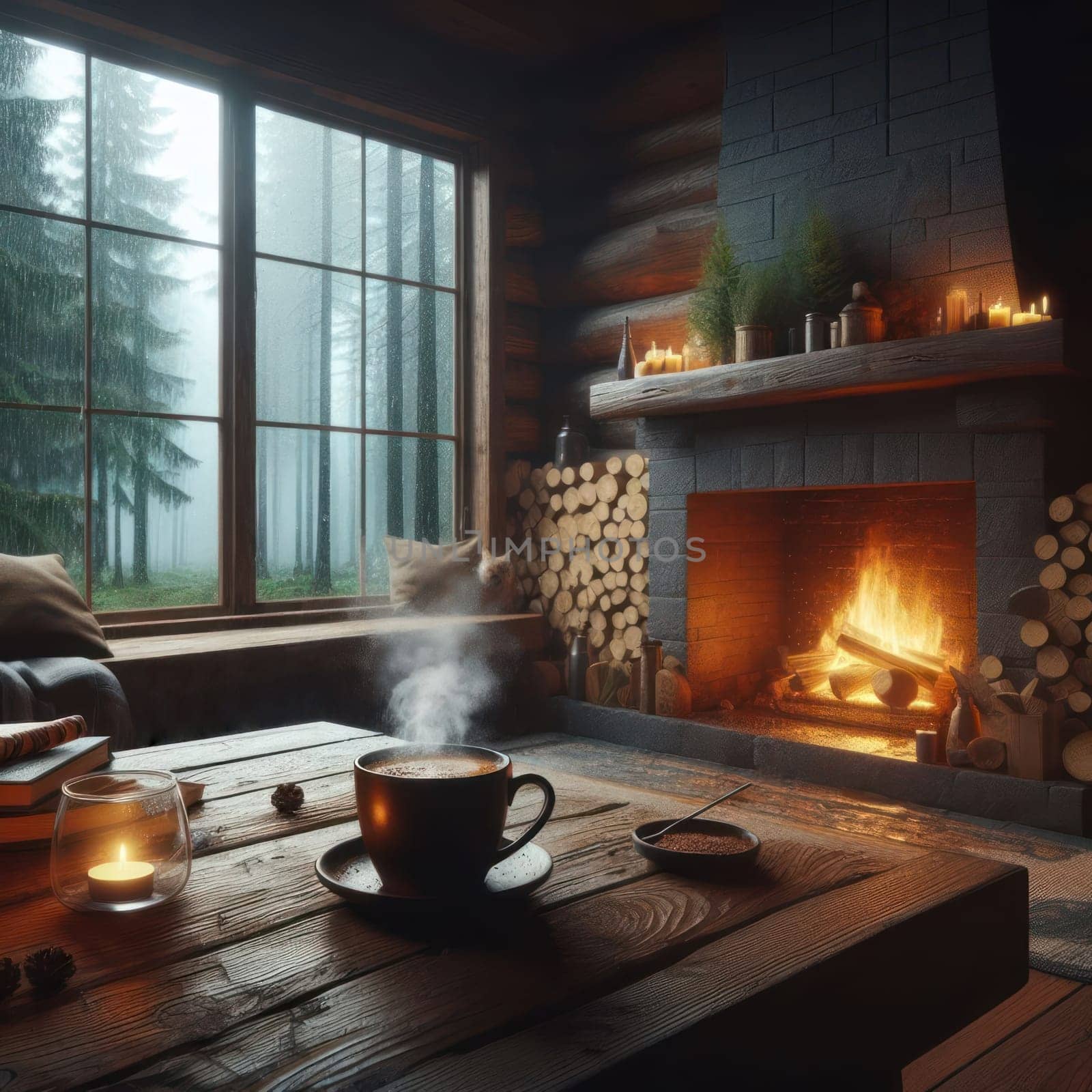 Wood is burning in the fireplace of a wooden cottage. Rain outside the window in a wild spruce forest. A cup stands on a wooden table. Steam rises from a hot drink. AI generated