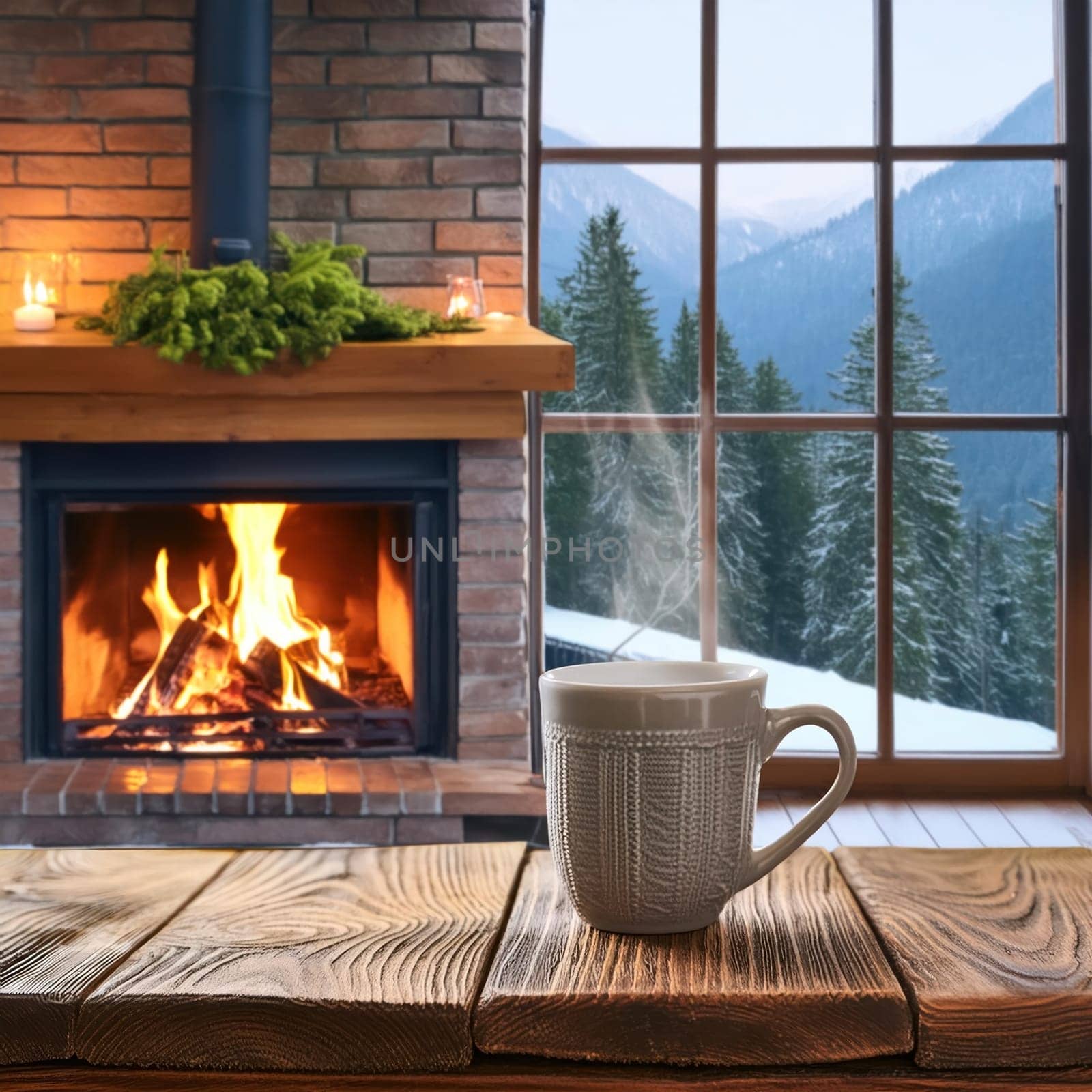 Wood is burning in the cottage fireplace. Winter wooded mountains outside the window. A cup stands on a wooden table. Steam rises from a hot drink. AI generated
