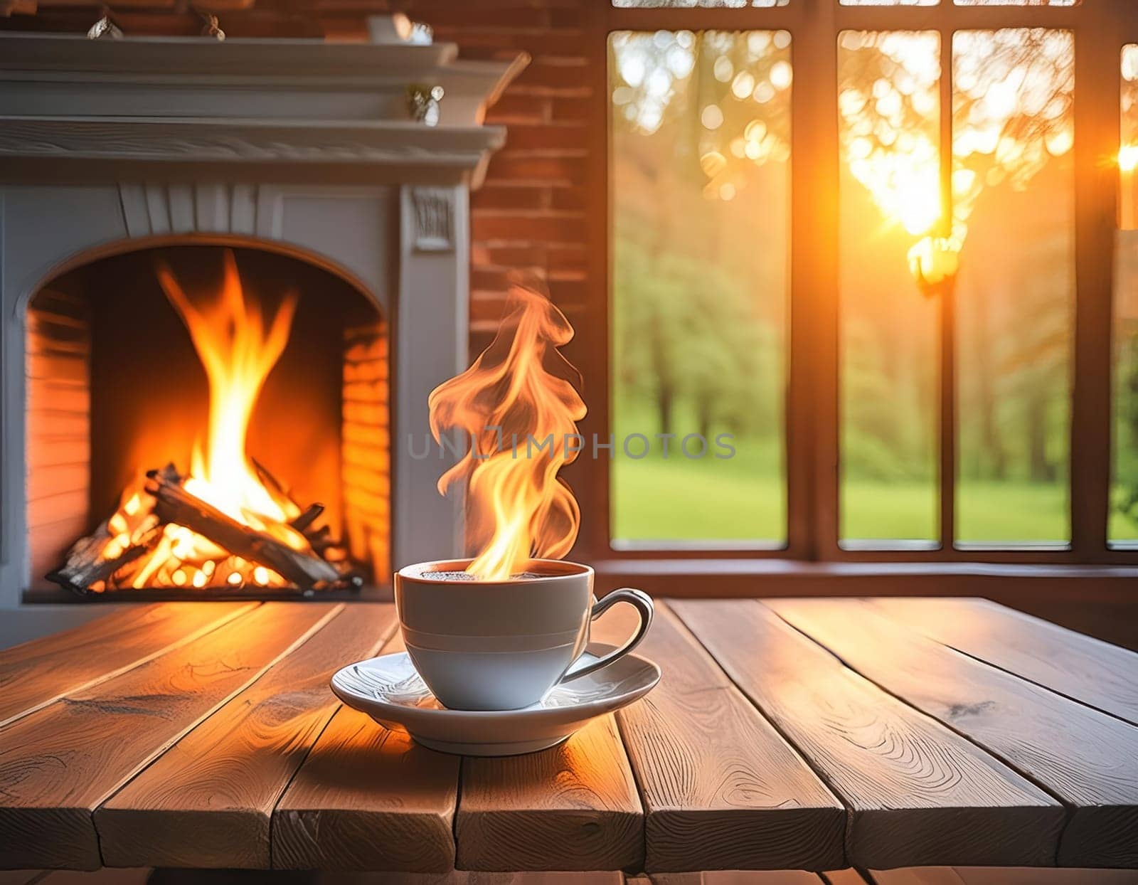 Wood is burning in the fireplace of the cottage with panoramic windows. Sunset in the deciduous forest outside the window. A cup stands on a wooden table. Steam rises from a hot drink. AI generated