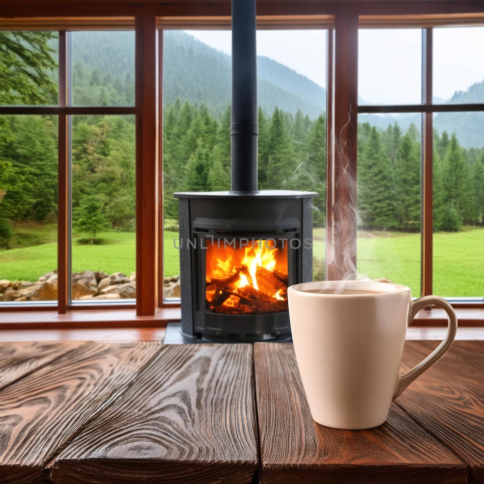 Wood is burning in the fireplace of a wooden cottage. Wild forested mountains outside the window. A cup stands on a wooden table. Steam rises from a hot drink. AI generated