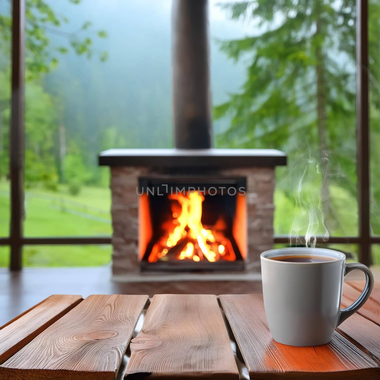 Wood is burning in the cottage fireplace. Wild forested mountains outside the window. A cup stands on a wooden table. Steam rises from a hot drink. AI generated