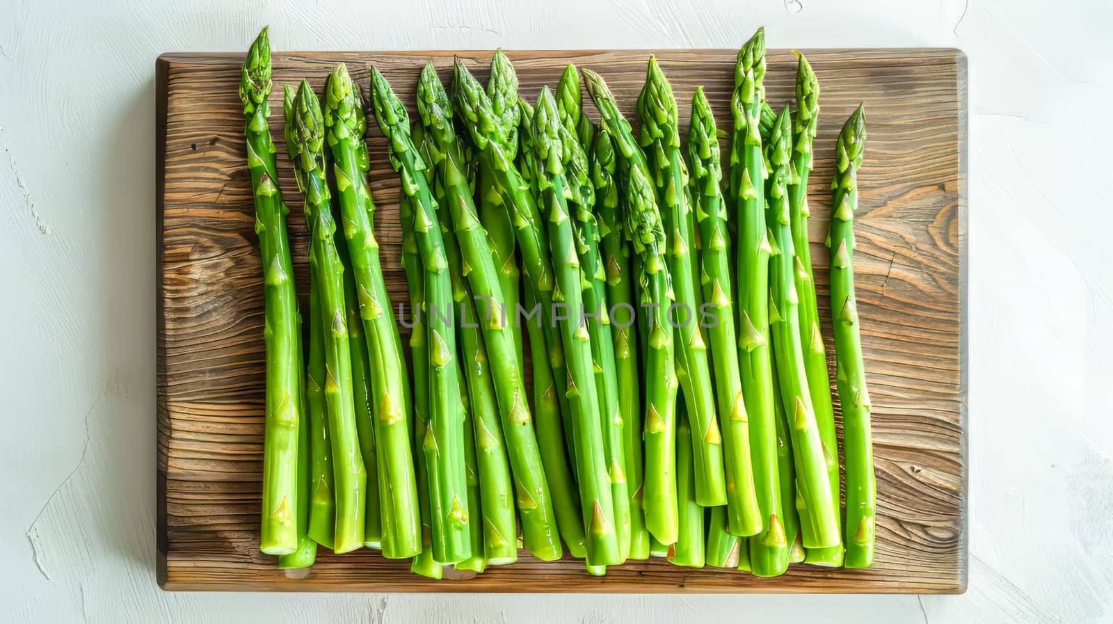 Bunch of fresh green asparagus on a wooden cutting board, top view, light background. Healthy food.
