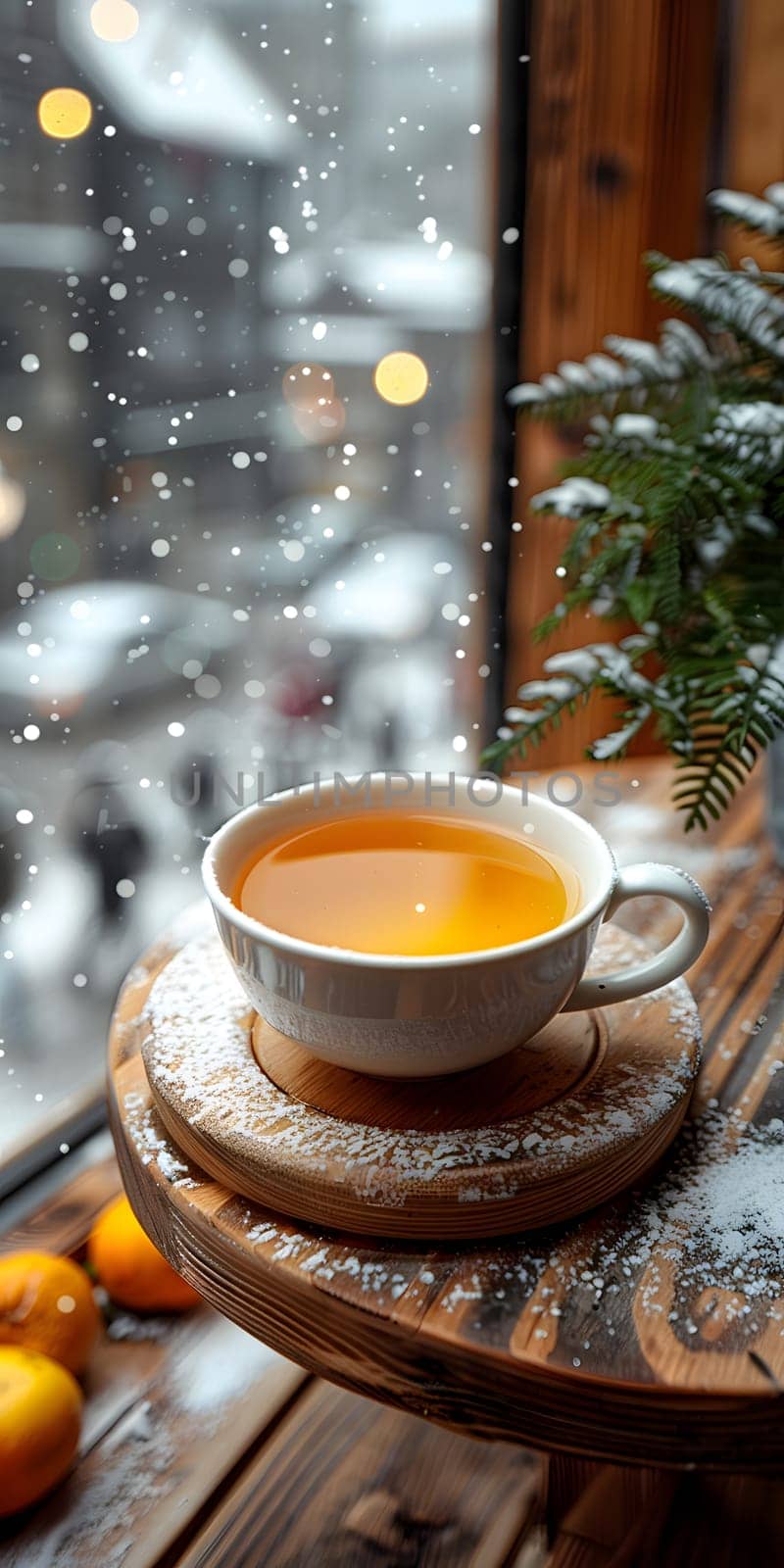 A cup of tea rests on a wooden table by a window, surrounded by the warm glow of sunlight. The saucer and serveware complete the cozy scene