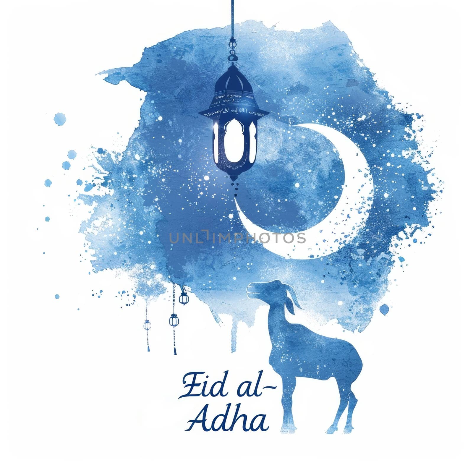 Watercolor-themed Eid al-Adha greeting featuring a goat silhouette with a hanging lantern against a crescent moon, in a peaceful night setting