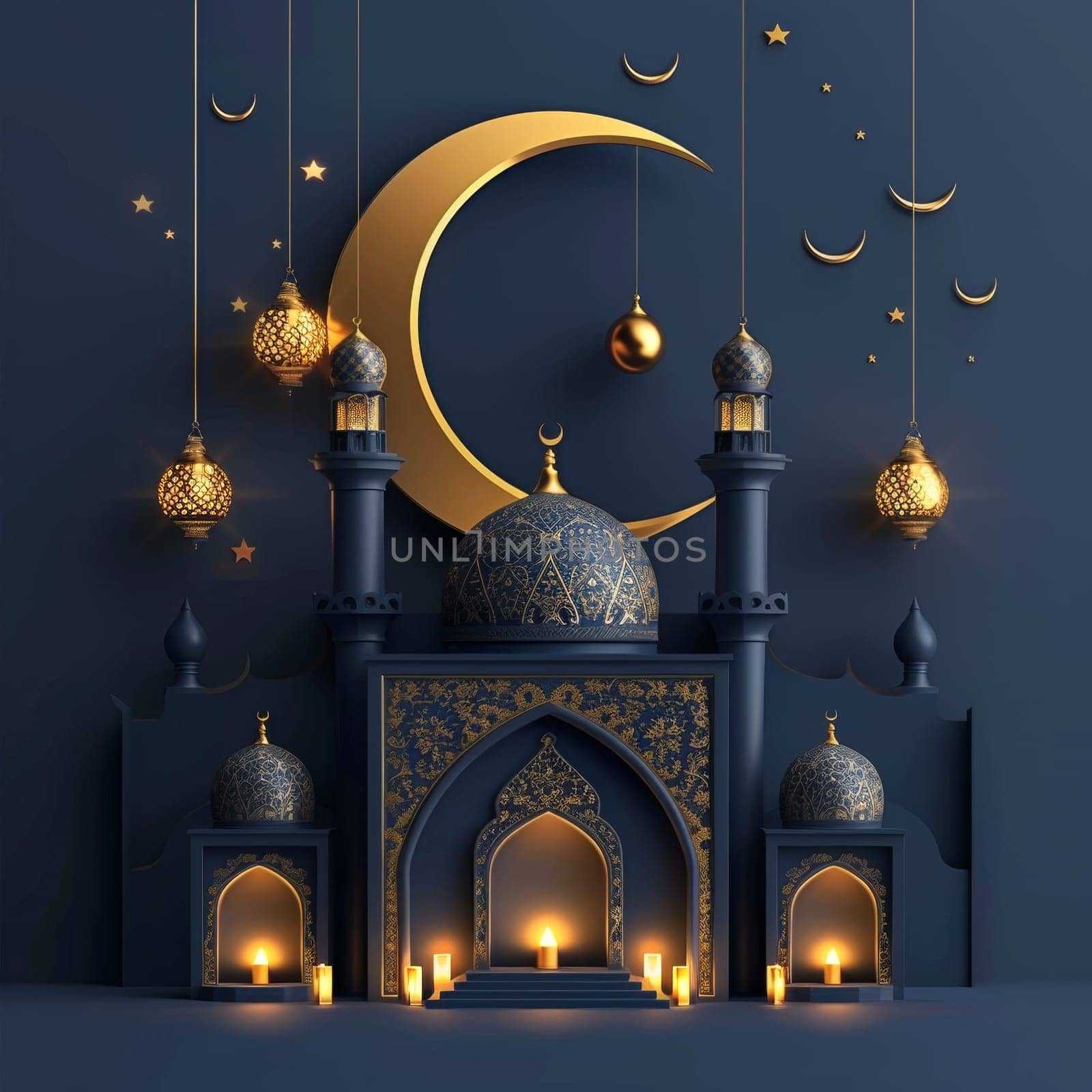 Dramatic depiction of a mosque under a large golden moon with stars and hanging lanterns. by sfinks