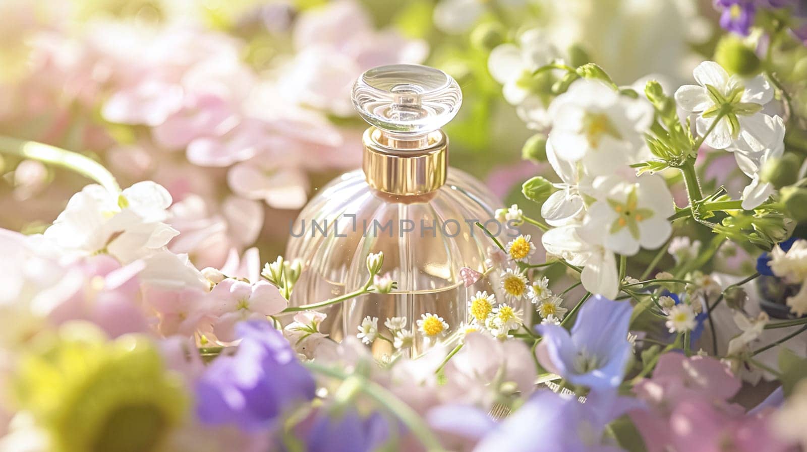 Perfume bottle in flowers, fragrance on blooming background, floral scent and cosmetic product by Anneleven