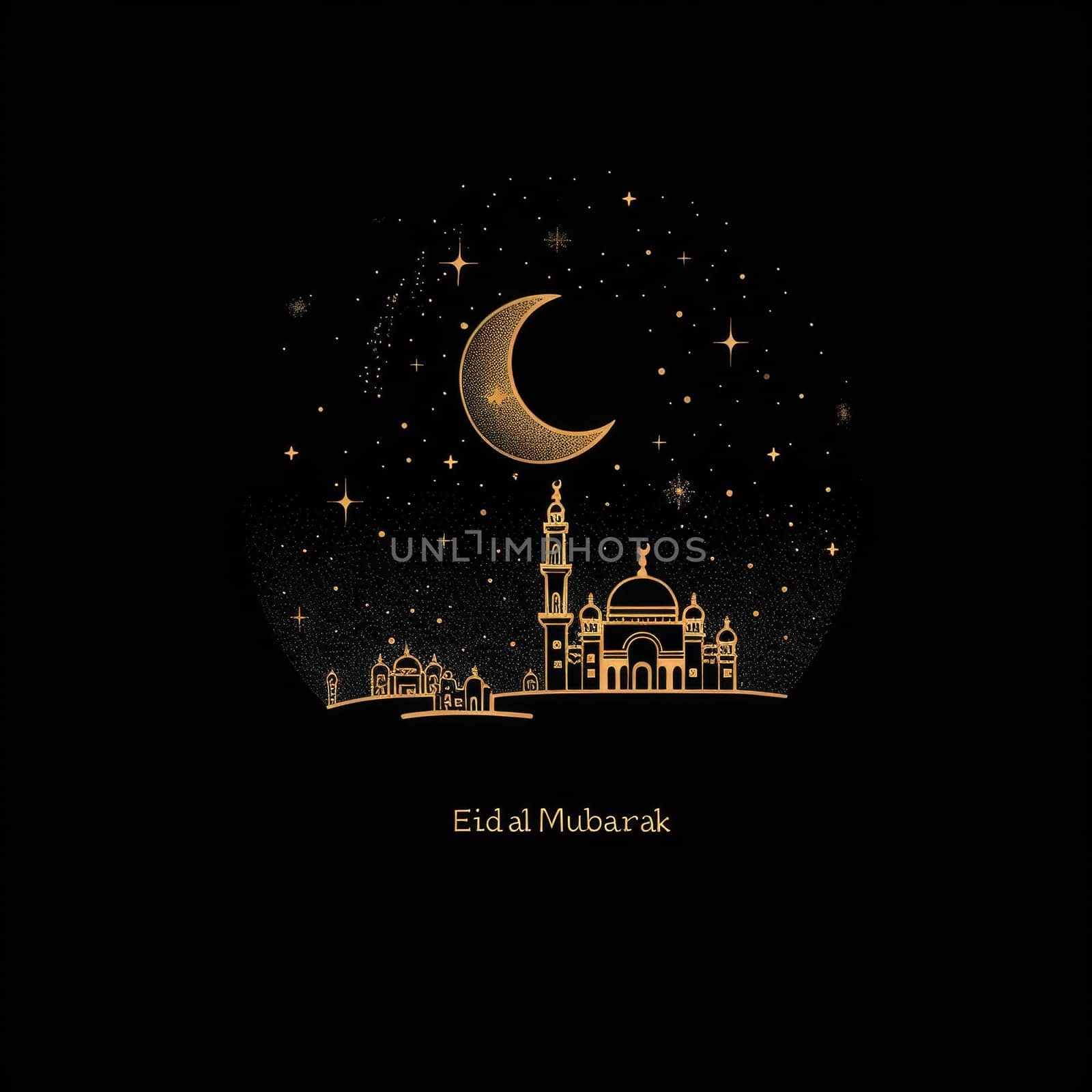 Minimalist design of a mosque with a glowing crescent moon and stars on a black backdrop for Eid celebration