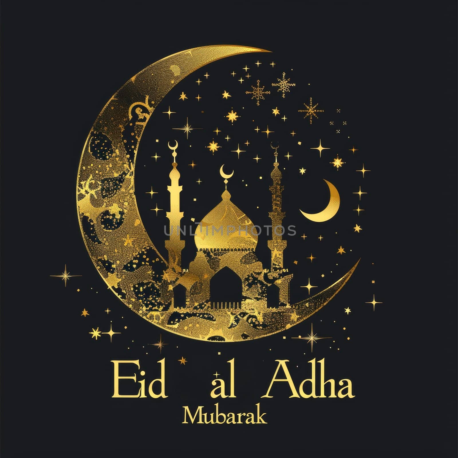 Celebratory Eid al Adha design with a mosque encased in a decorative crescent moon and a galaxy of stars