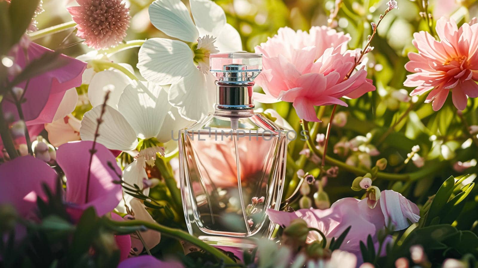 Perfume bottle in flowers, fragrance on blooming background, floral scent and cosmetic product by Anneleven