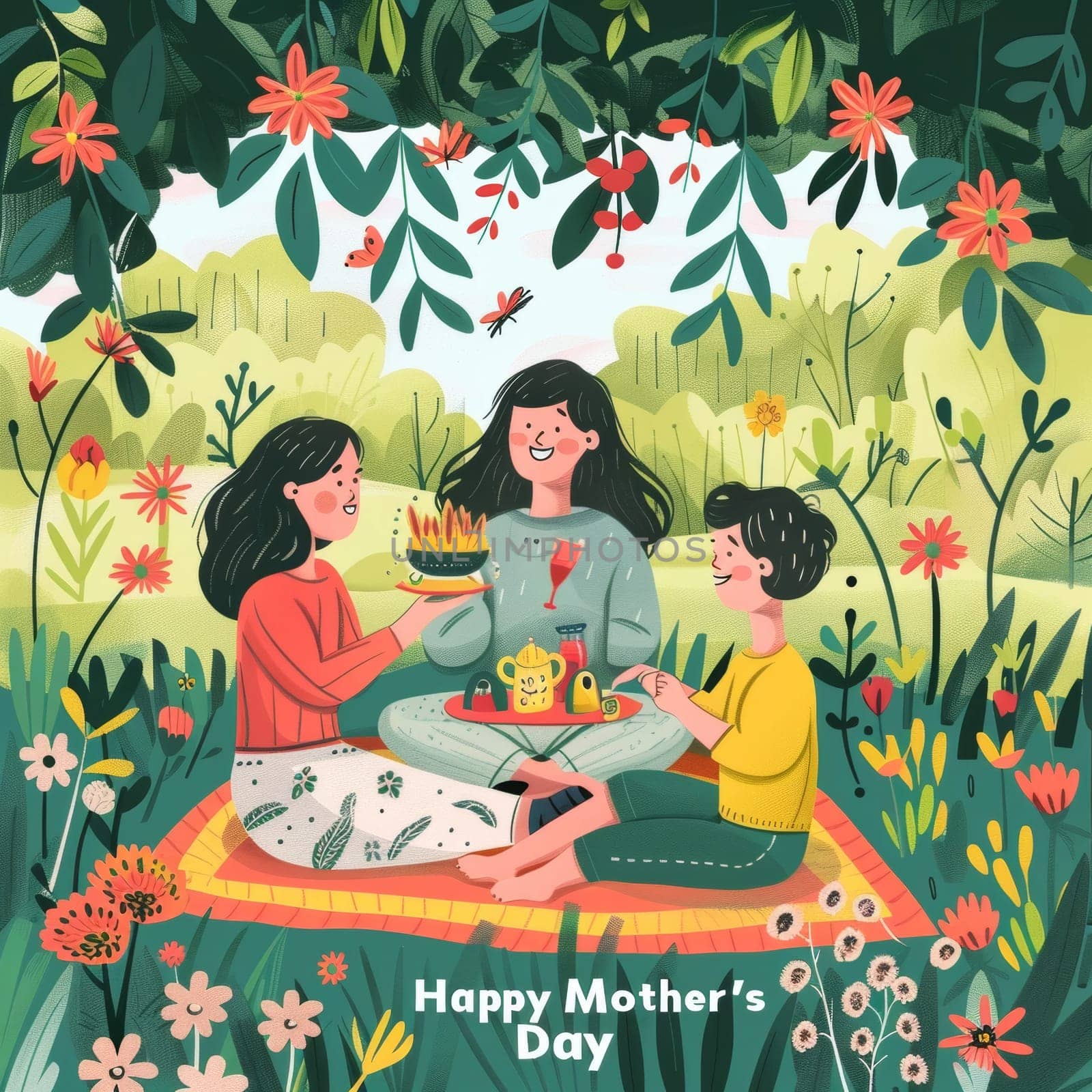 A vibrant illustration depicting a family enjoying a picnic on Mothers Day, surrounded by lush greenery and blooming flowers
