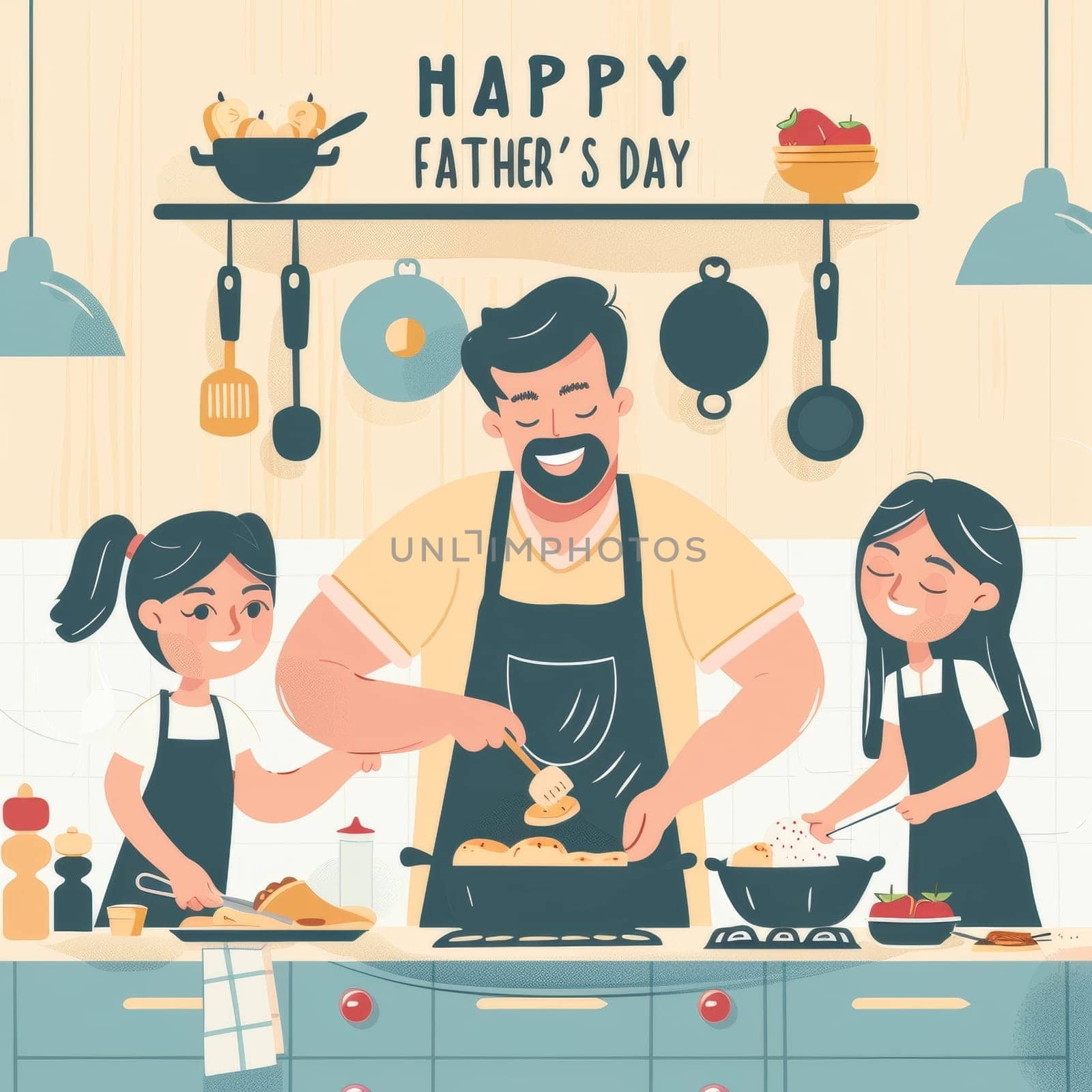 A cheerful cartoon of a dad and his children happily engaging in baking activities in a bright kitchen for Fathers Day