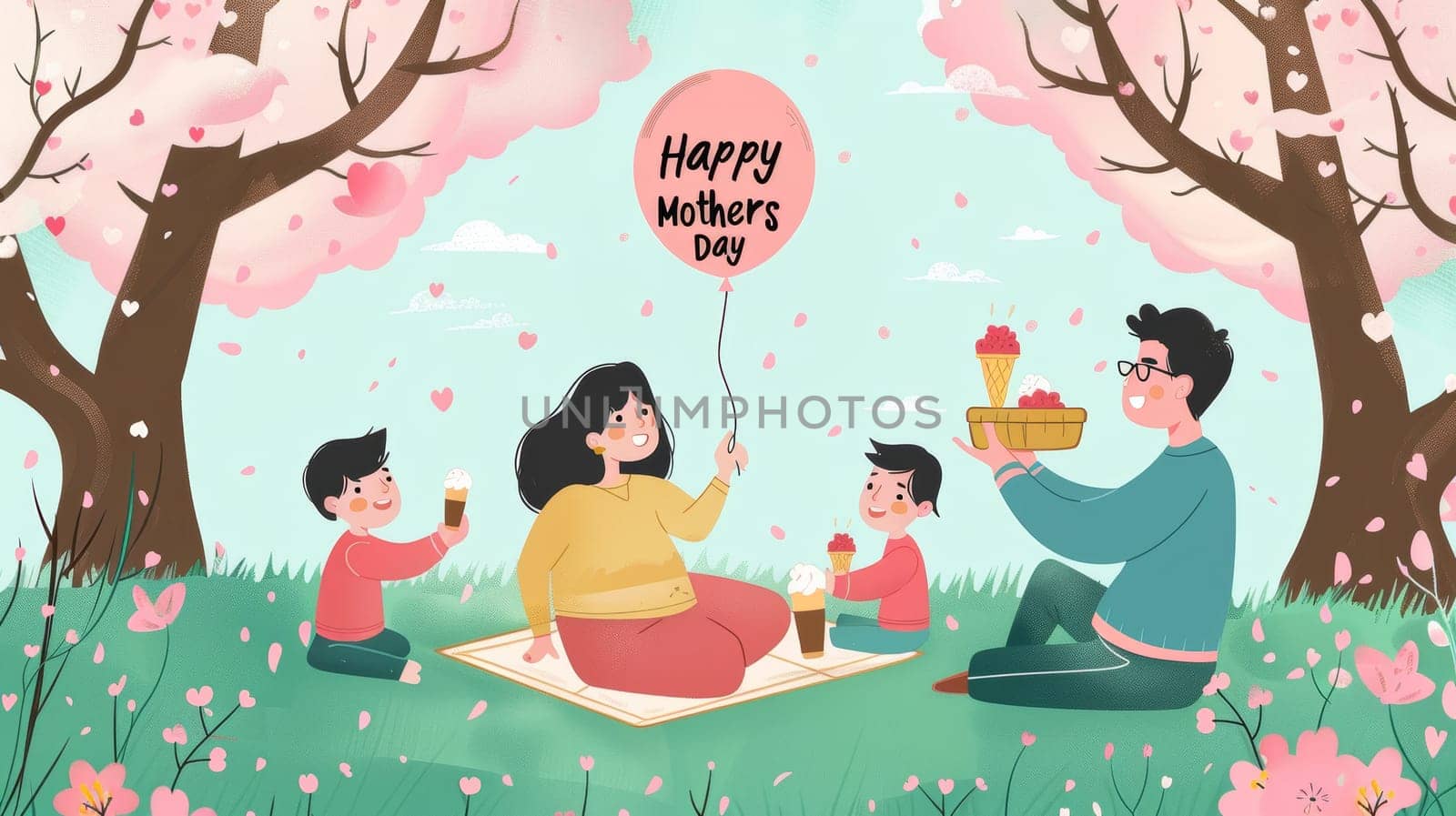 A vibrant illustration of a family enjoying a picnic under cherry blossoms with Happy Mothers Day wishes, highlighting love and togetherness