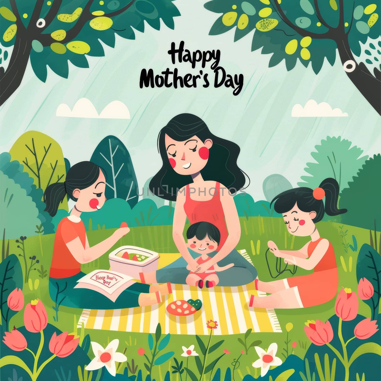 A delightful image showcasing a mother with her children engaged in a cheerful picnic, celebrating Mothers Day amidst a field of tulips
