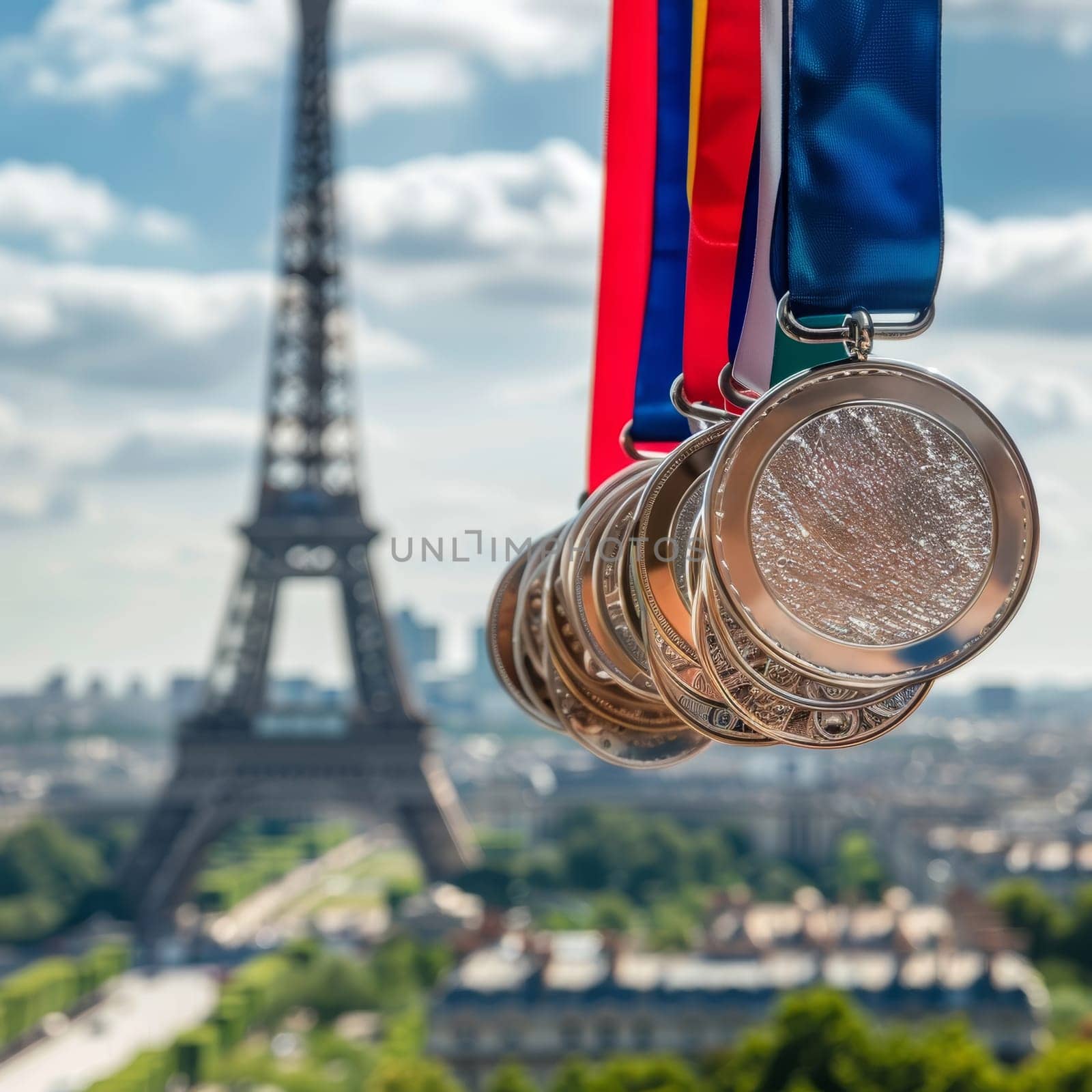 Multiple marathon medals with embossed designs are displayed in a row, showcasing the Eiffel Tower in the distance