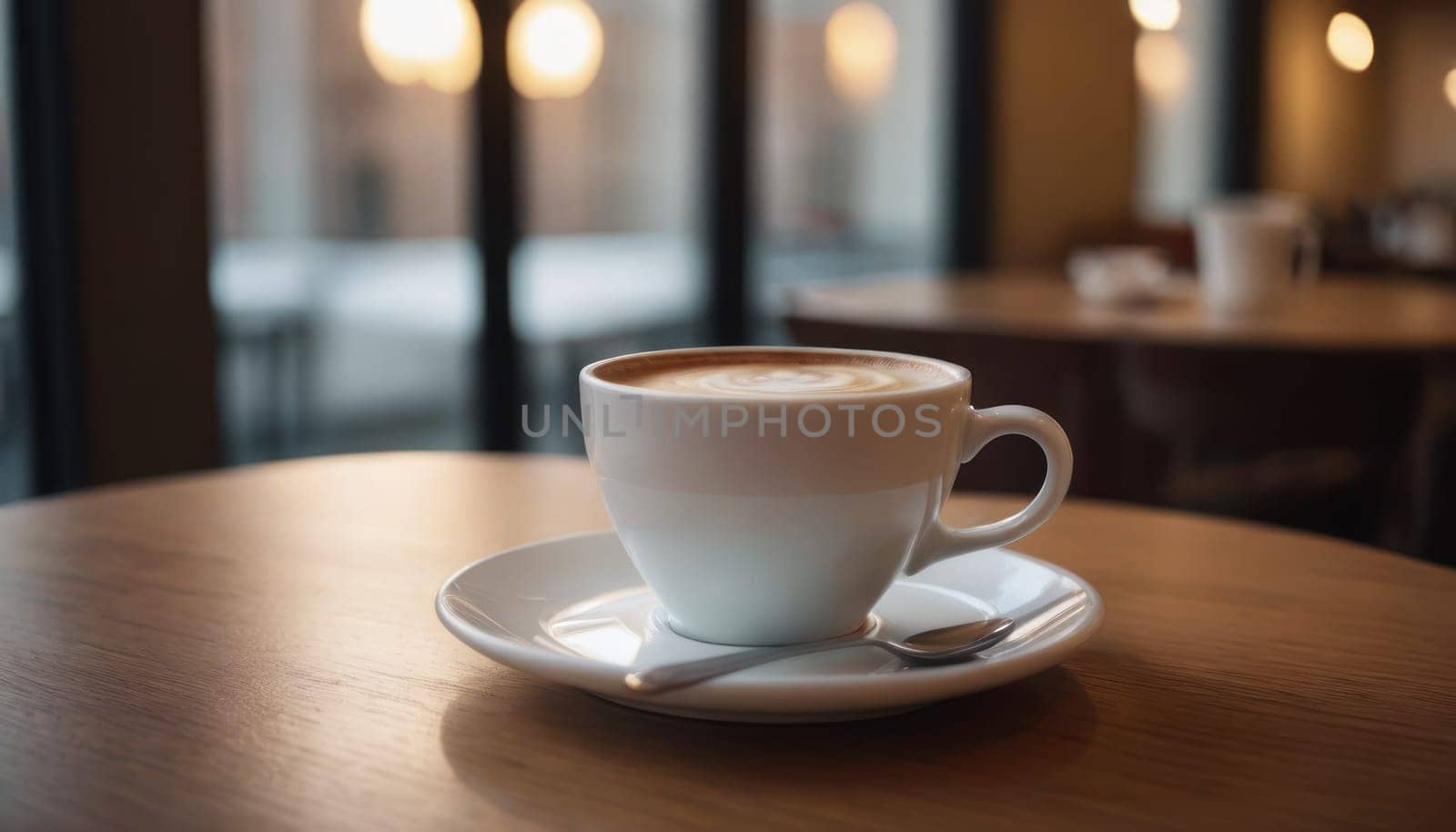 Cafe hot cup of coffee on a saucer on a dark background, casting a thin shadow. Bokeh in the background