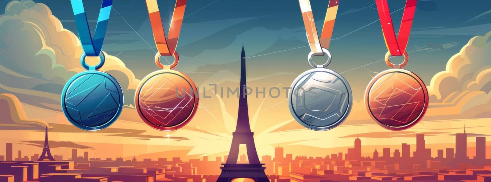 A series of sports medals basking in the warm sunrise over Paris, each reflecting the triumph of athletes with the Eiffel Tower in the distance. by sfinks