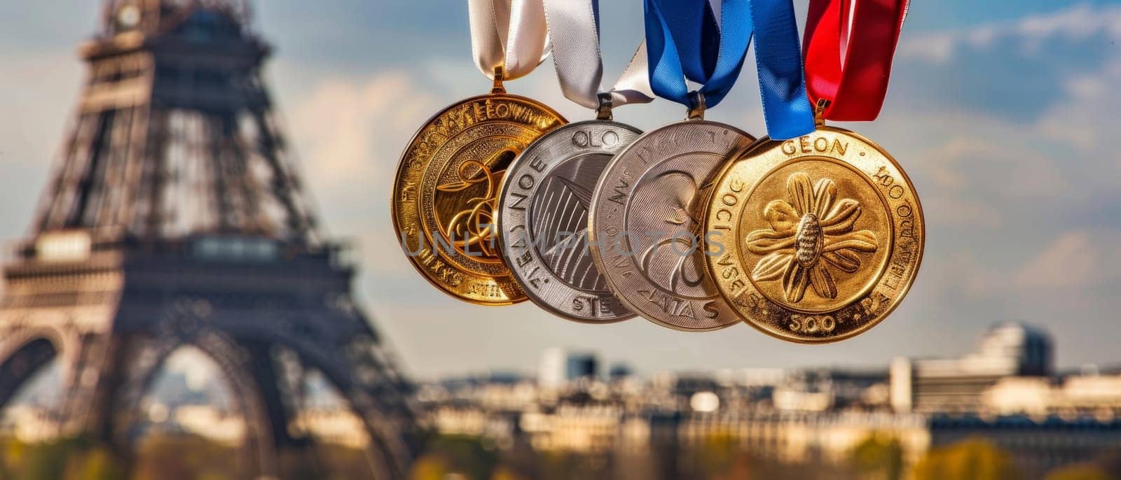 A stunning selection of medals, showcased against a defocused Eiffel Tower and Paris skyline, capturing the essence of competition and the spirit of France. by sfinks