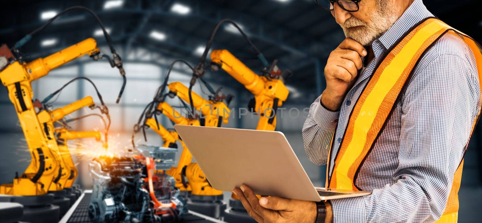 MLP Engineer use advanced robotic software to control industry robot arm in factory. Automation manufacturing process controlled by specialist using IOT software connected to internet network.