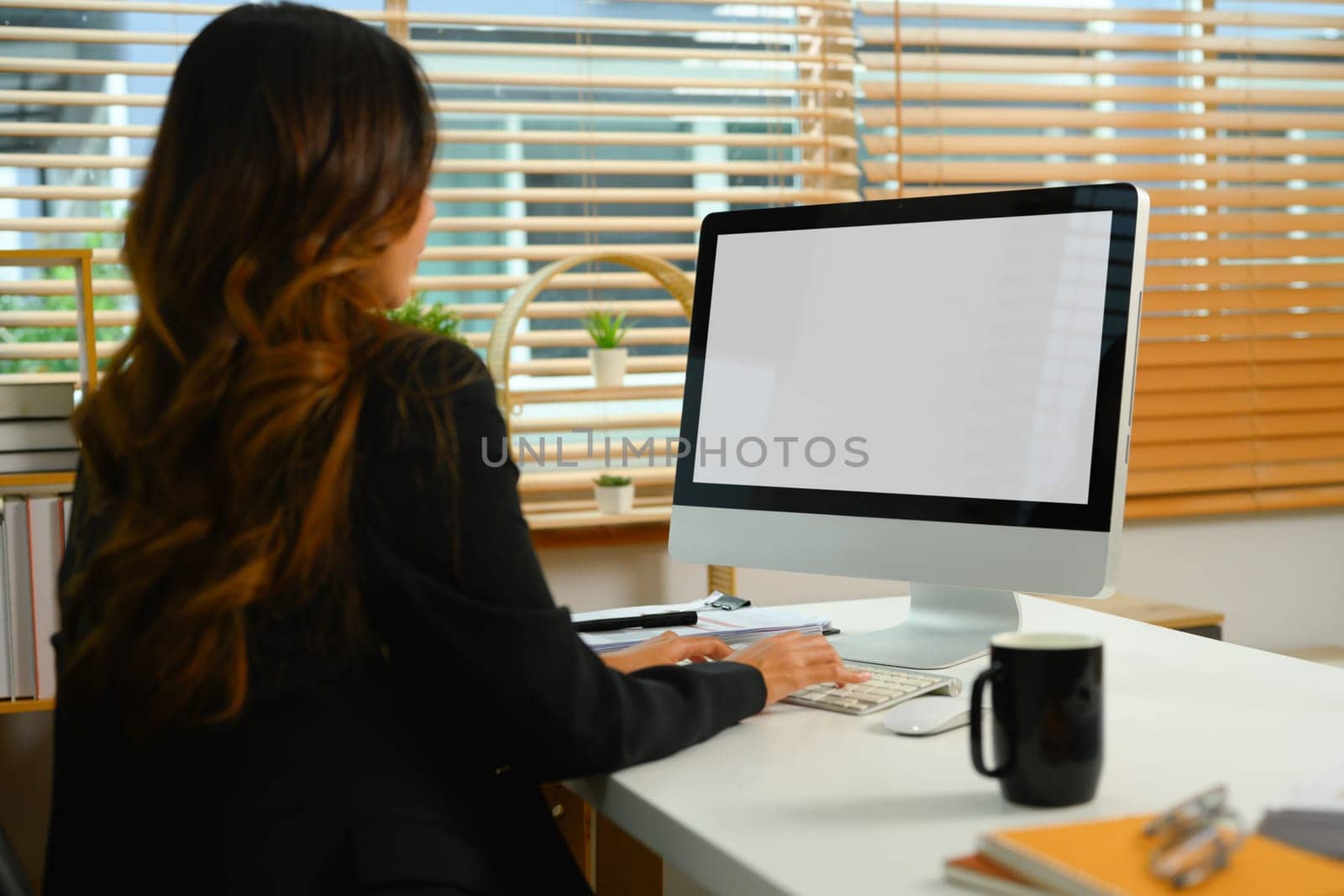 Back view of businesswoman sitting in bright modern office and working with computer.