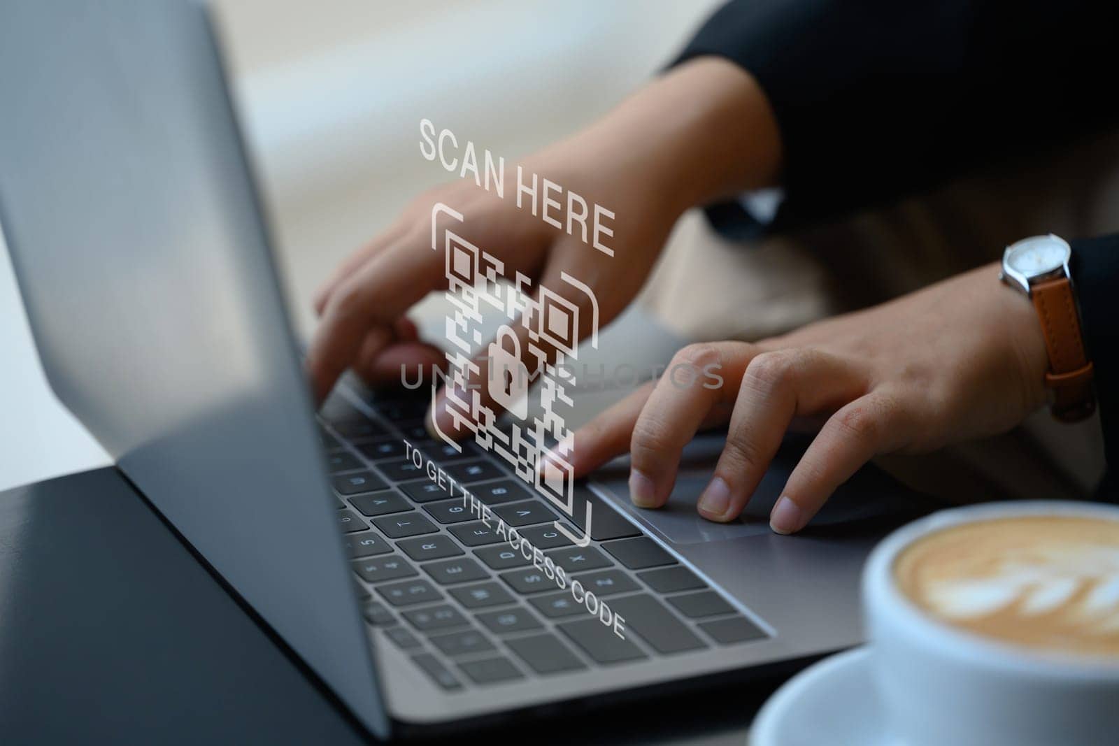 Businesswoman hands typing on laptop with verification QR code login. Cybersecurity concept.