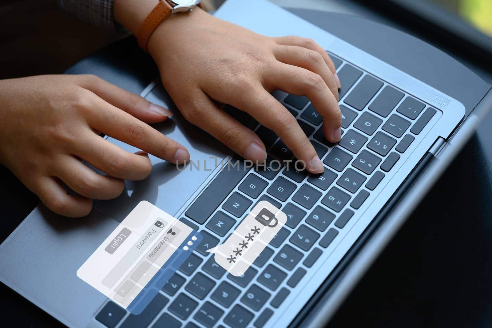 Woman typing the password on laptop to access account on website. Cybersecurity concept by prathanchorruangsak