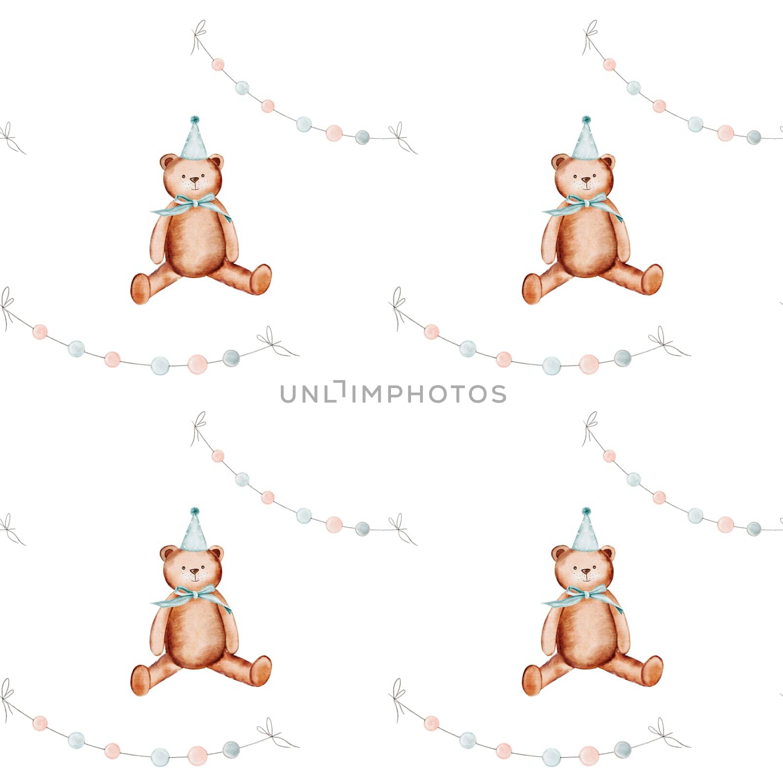 Teddy bear toy pattern. Watercolor seamless illustration hand drawing. Drawing of a cute animal with a festive garland. Ideal for diapers, wrapping paper, baby shower decorations and textiles. by TatyanaTrushcheleva