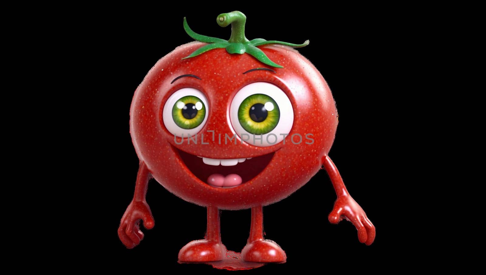 A tomato with human eyes smiling happily on a transparent background