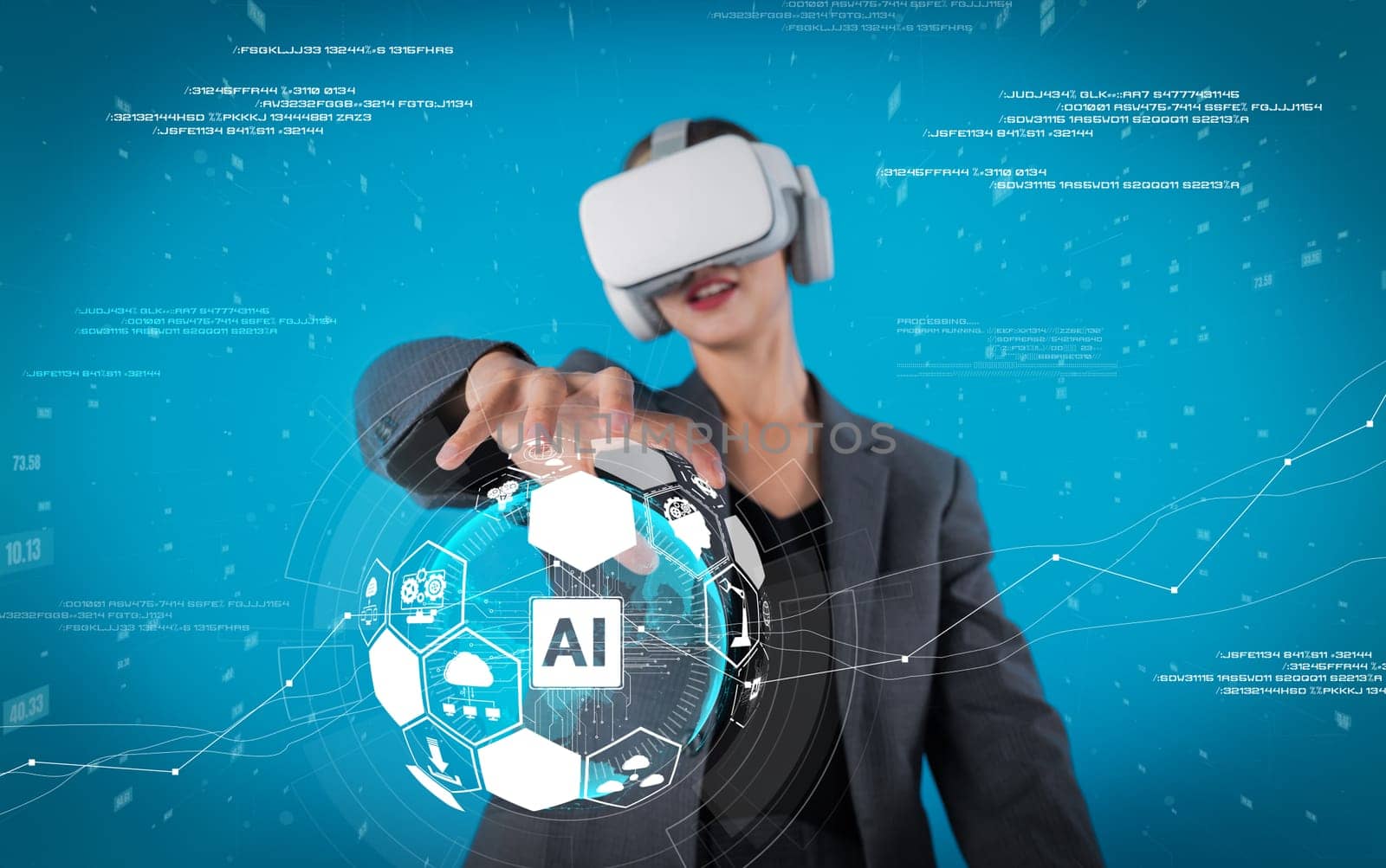 Project manager using visual reality goggle while holding AI generative. Businesswoman looking at artificial intelligent generative while coding engineering prompt and programing system. Contraption.