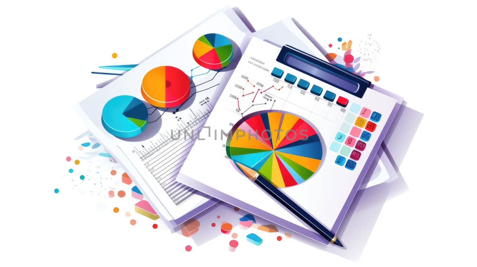 Budget mastery cartoon illustration - AI generated. Colorful, diagram, calculator, pencil.