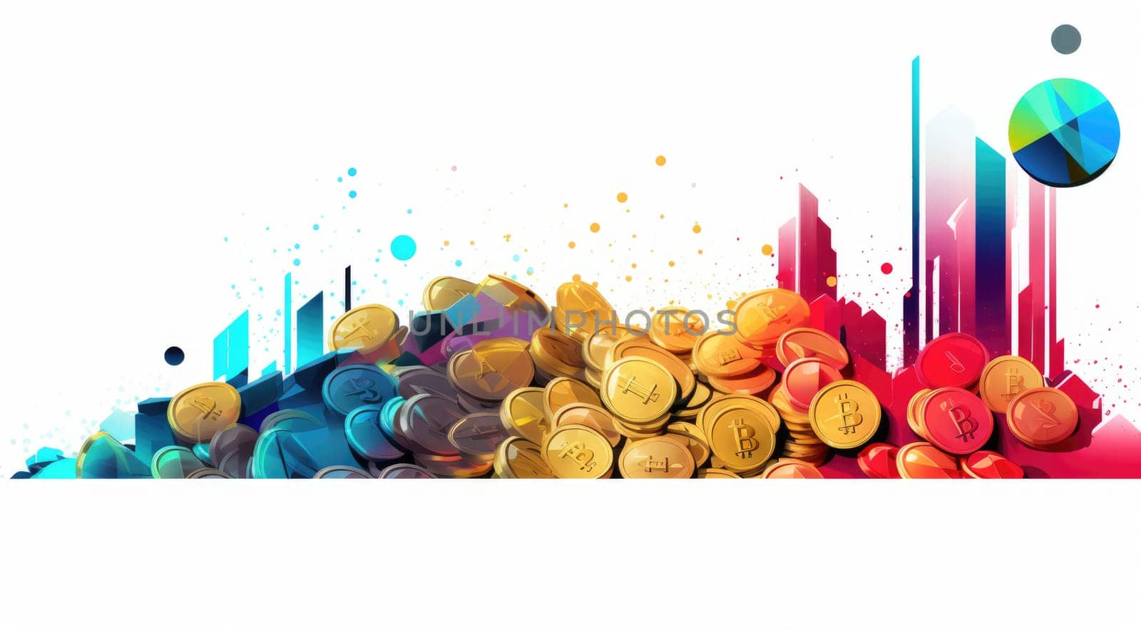 Cryptocurrency surge cartoon illustration - AI generated. Golden, bitcoin, colorful, splash.