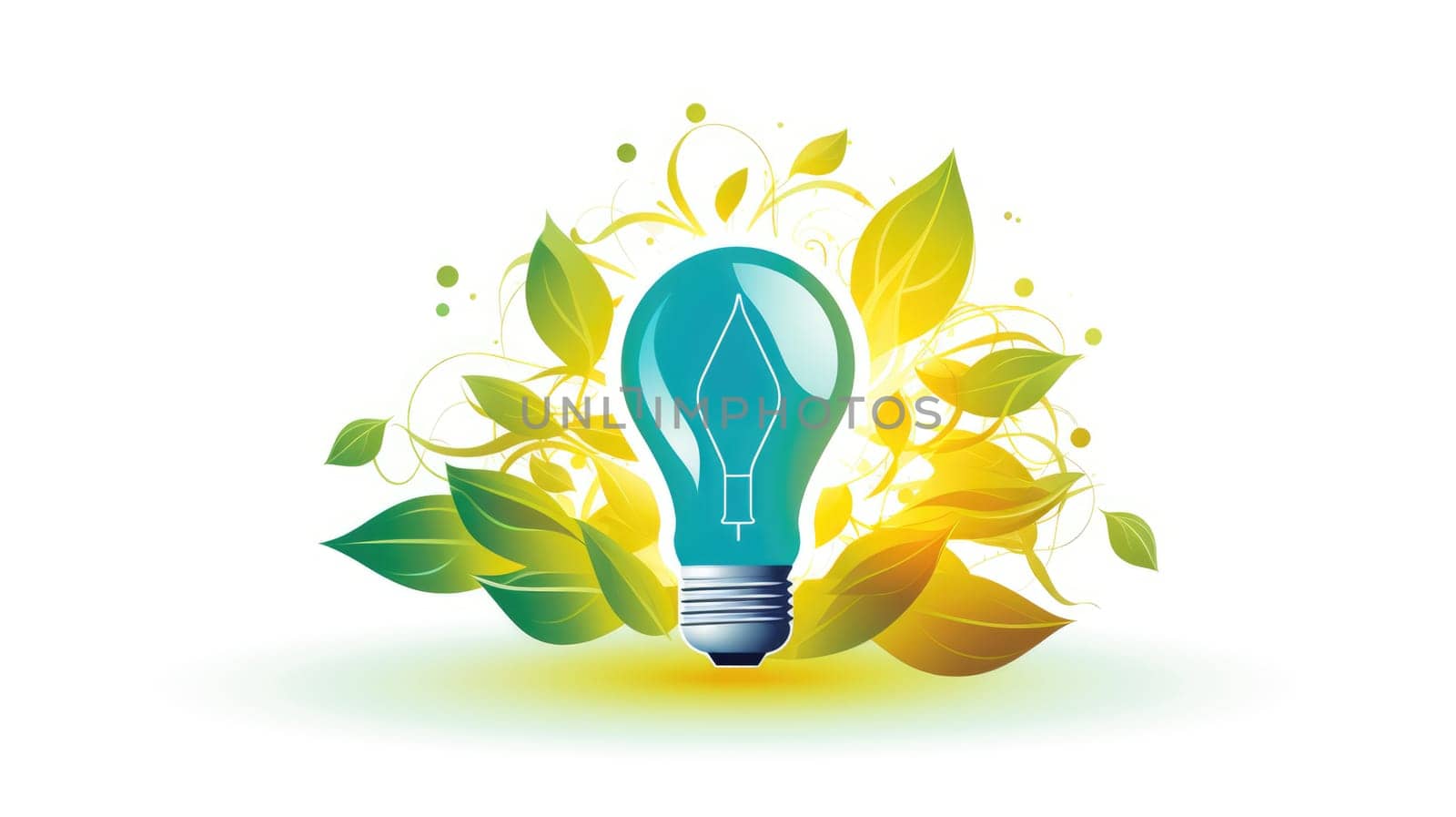 Entrepreneurial venture cartoon illustration - AI generated. Blue, lightbulb, green, leaves.