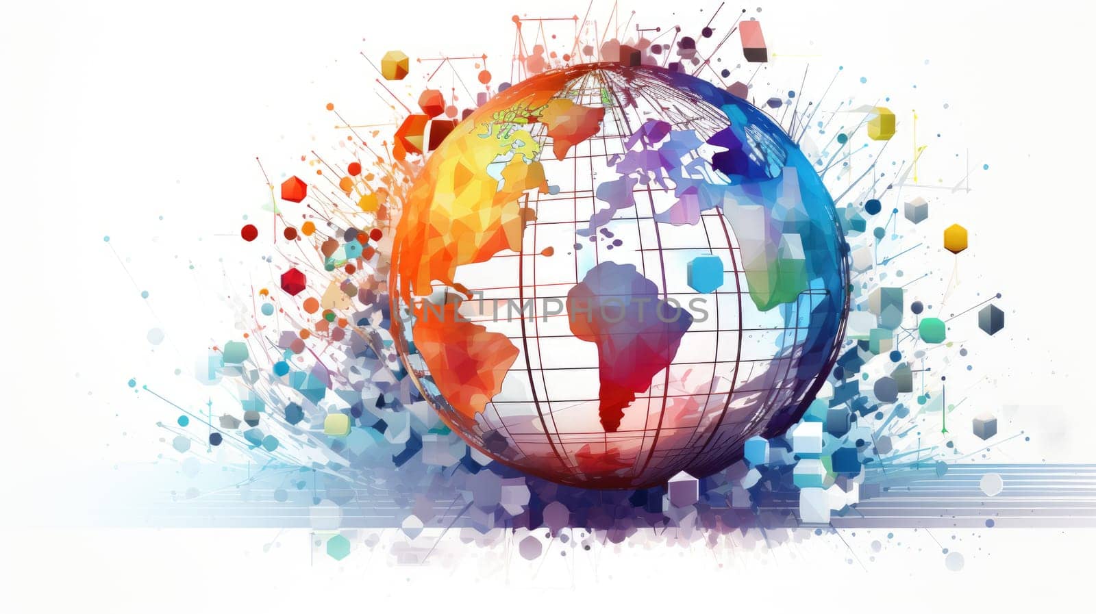 Global market cartoon illustration - AI generated. Globe, sphere, colorful, blocks.