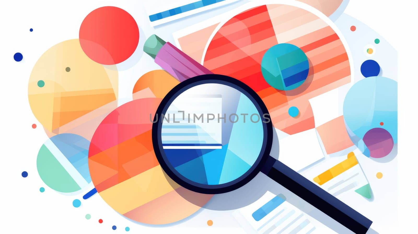 Smart spending cartoon illustration - AI generated. Magnifier, colorful, circles, diagram.