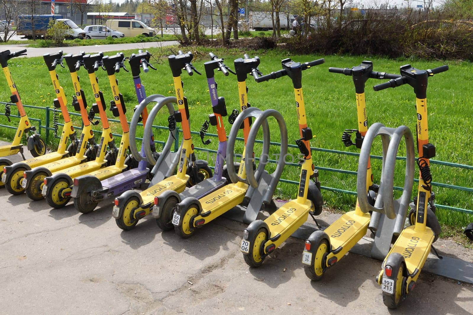 Moscow, Russia - Apr 26. 2024. Short-term rental service for electric scooters Yandex Go
