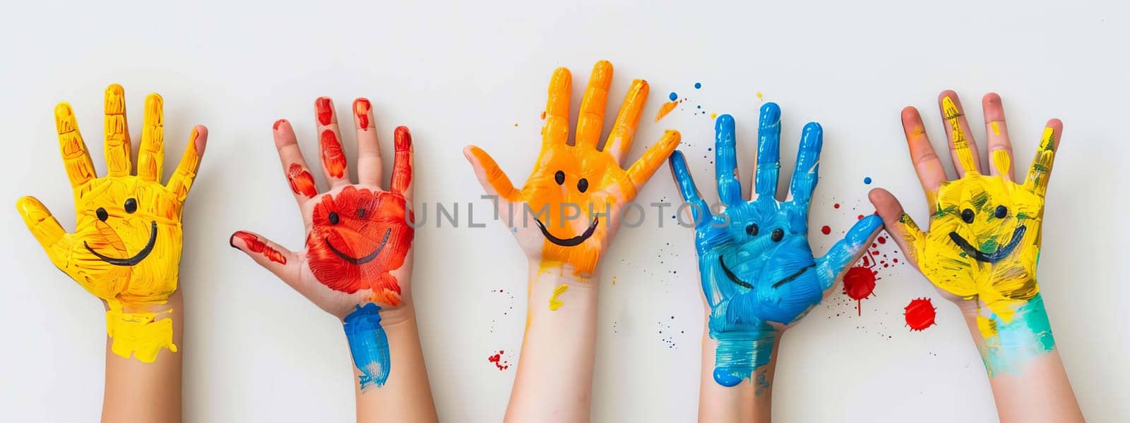 Children's hands in the colors of summer. Selective focus.