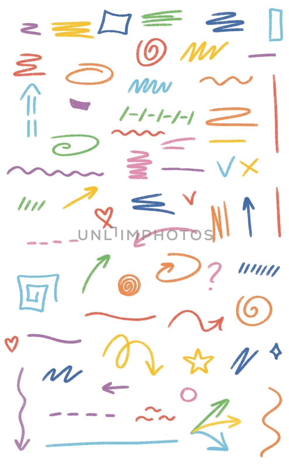 Do-it-yourself strokes with marker and pencil. Marker lines, pencil stripes, highlighting elements, illustrations of permanent markers in the form of checkmarks, hearts, arrows in different directions. Attractive visual effects for graphic design, art supplies, stationery. High quality illustration