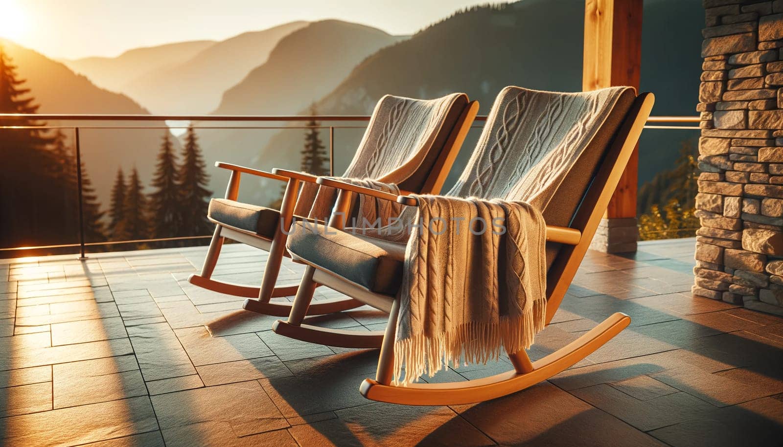 two rocking chairs with blankets on an open terrace overlooking the mountains.