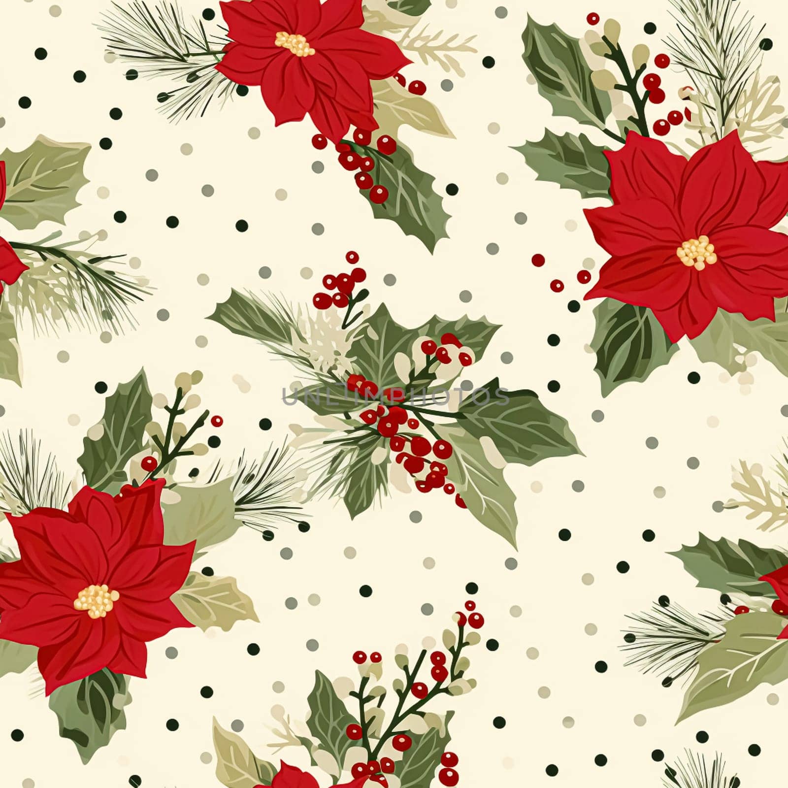 Seamless pattern, tileable Christmas holiday floral country dots print, English countryside flowers for wallpaper, wrapping paper, scrapbook, fabric and product design by Anneleven