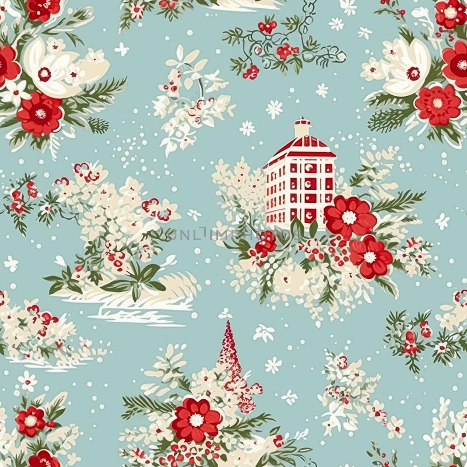 Seamless pattern, tileable Christmas holiday country house, floral dots print, English countryside for wallpaper, wrapping paper, scrapbook, fabric and product design motif