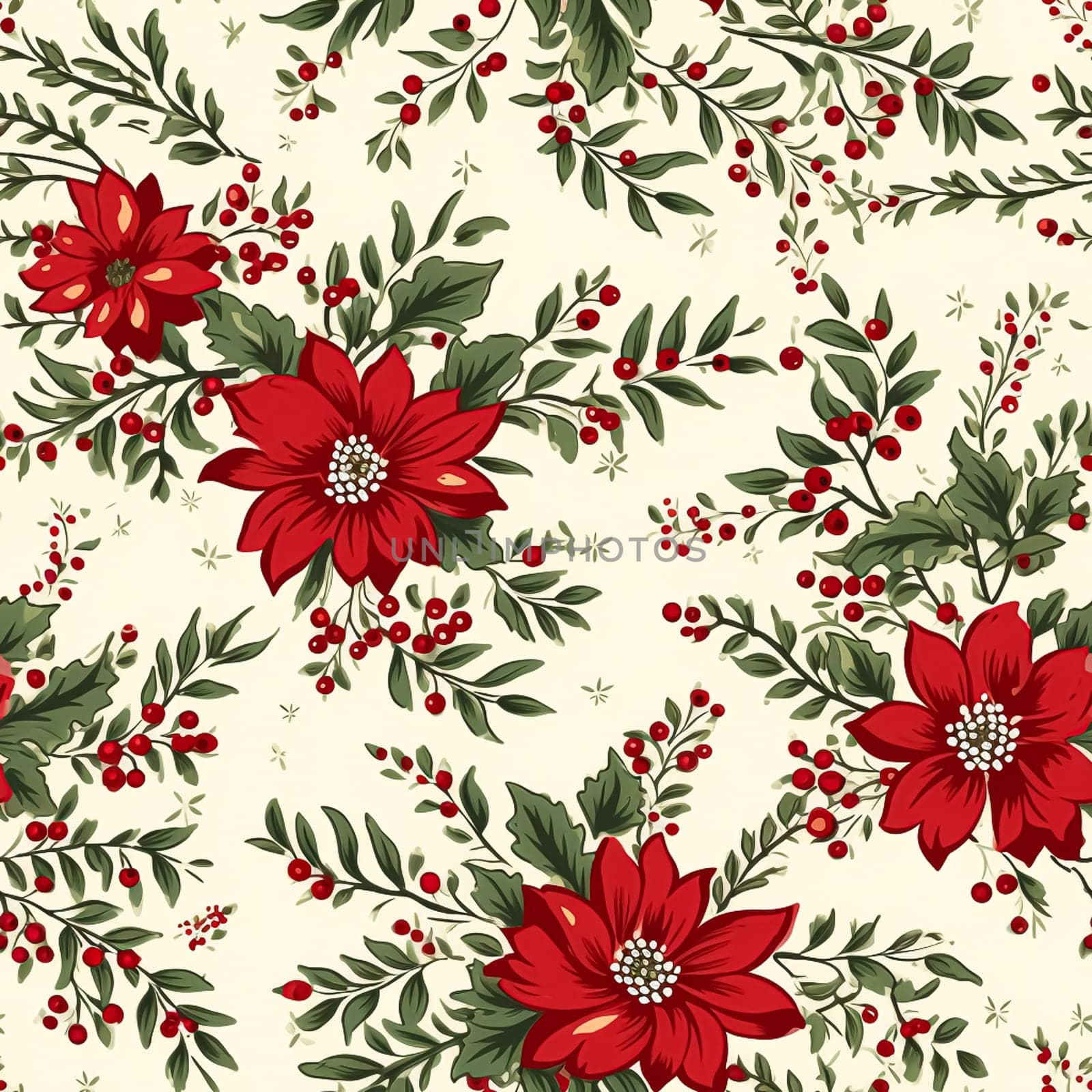 Seamless pattern, tileable Christmas holiday floral country dots print, English countryside flowers for wallpaper, wrapping paper, scrapbook, fabric and product design by Anneleven